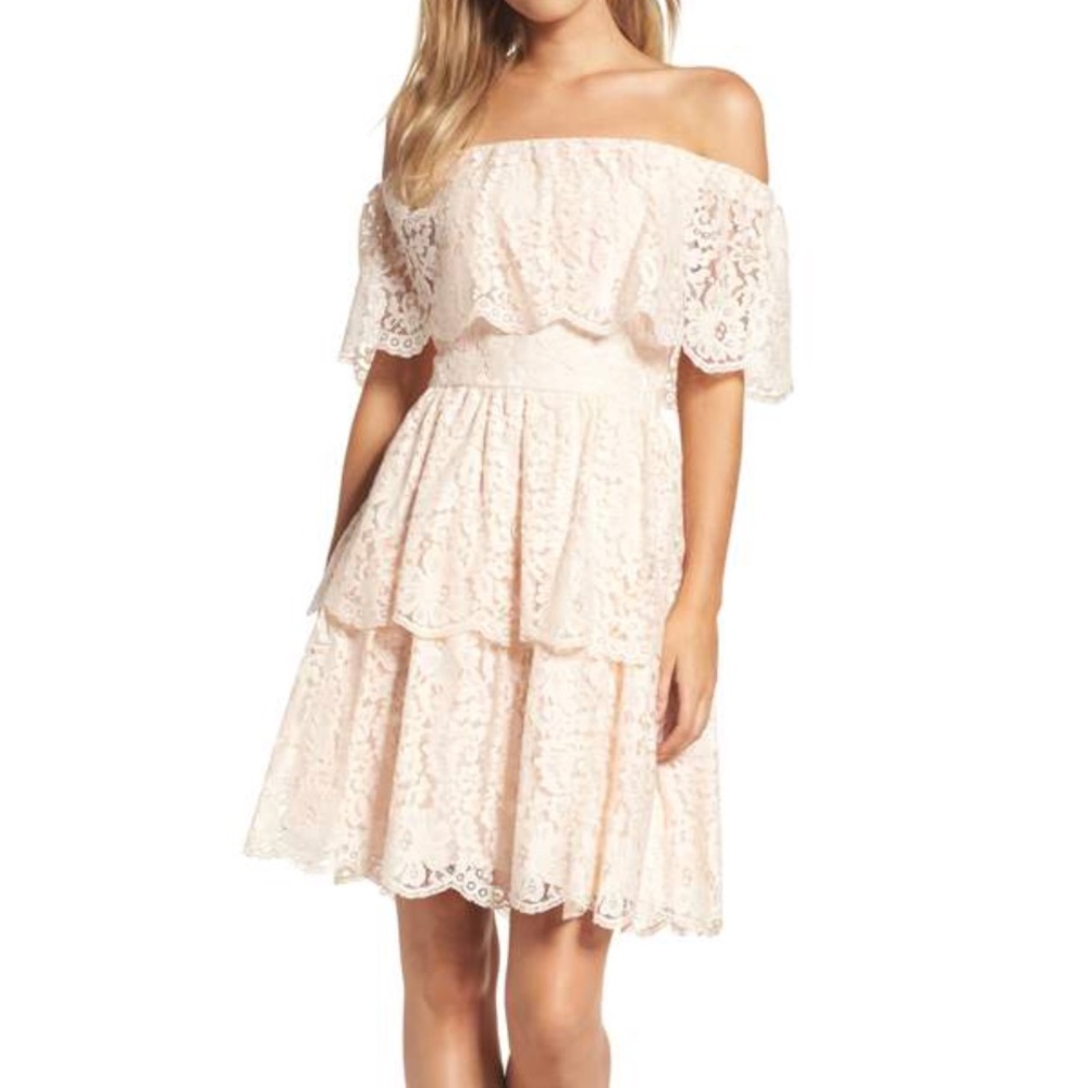 NWT Eliza J Blush Lace off the Shoulder Dress